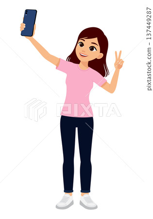 Woman take selfie phone peace sign 137449287