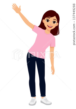 Woman wave hand hello greeting isolated Woman wave hand hello greeting isolated 137449288