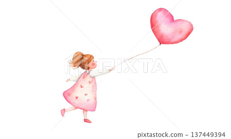 Watercolor Illustration of a Little Girl Holding a Pink Heart Balloon. Childhood Love and Joy. Valentine's Day, childhood, and love-themed designs. 137449394