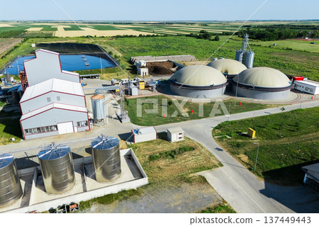 Aerial view of biogas plant using renewable energy for biomethane production. 137449443