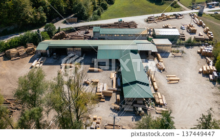 Aerial view of a sawmill factory in the mountains  137449447