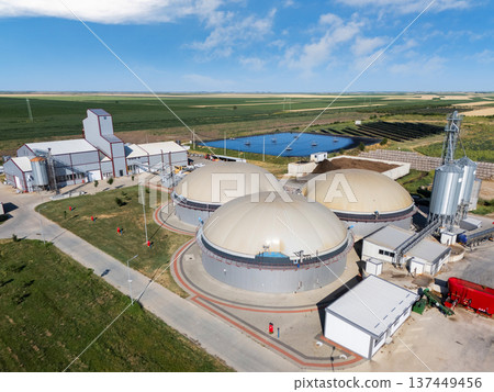 Aerial view of biogas plant using renewable energy for biomethane production 137449456