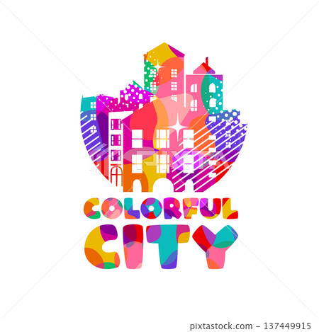 Colorful logo modern city skyline with skyscrapers in flat vector style on white background. Hand drawn Not AI, vector illustration. Colorful logo modern city skyline with skyscrapers in flat vector style on white background. Hand drawn Not AI, vector illustration. 137449915
