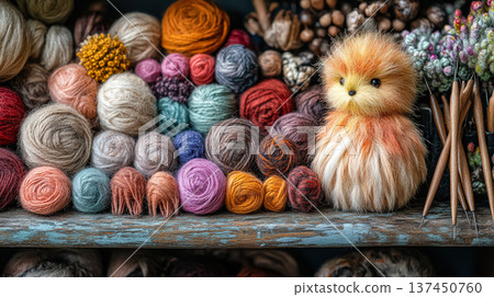Colorful assortment of yarns and a stuffed animal 137450760