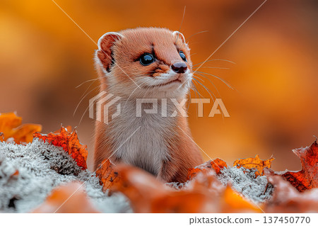 Small brown animal with a white face is standing on a pile of leaves 137450770