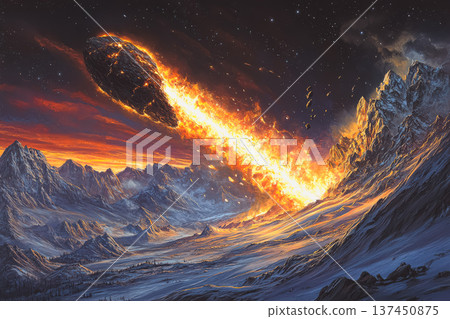 Fiery meteorite is falling through the sky, leaving a trail of fire behind it 137450875