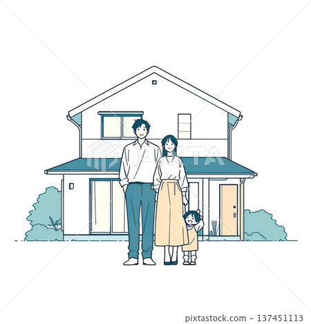 一個年輕的家庭站在他們夢想中的家前。 137451113