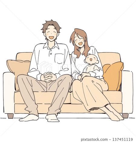一對年輕夫婦和他們的嬰兒坐在沙發上的插圖 137451119