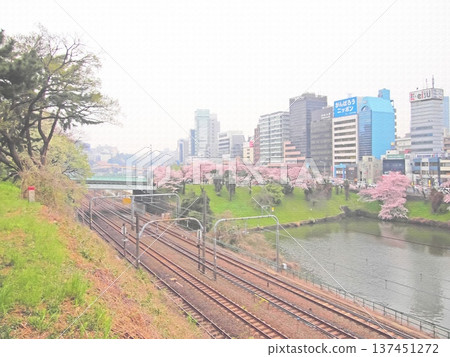 春日東京景色,牛込護城河畔的櫻花與一列火車交相輝映。插畫風格照片。 春日東京景色,牛込護城河畔的櫻花與一列火車交相輝映。插畫風格照片。 137451272