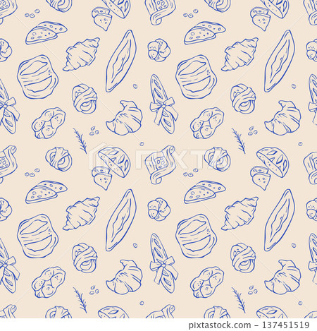 Seamless pattern of bakery doodles. Hand drawn food elements for morning meal design Seamless pattern of bakery doodles. Hand drawn food elements for morning meal design 137451519