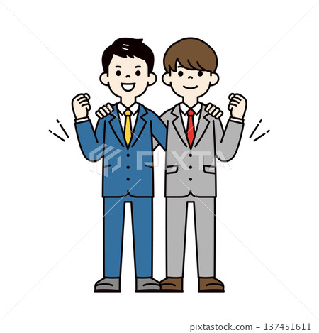 兩名身著西裝的商務人士和辦公室職員正在努力工作的全身向量插圖。 兩名身著西裝的商務人士和辦公室職員正在努力工作的全身向量插圖。 137451611