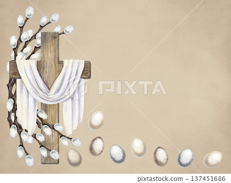 Watercolor illustration of a wooden Christian cross with white ribbon cloth, Easter eggs, willow branches. Soft pastel background with copy space. Religious Easter clipart. Symbol of faith and hope. 137451686