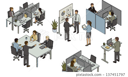 Isometric illustration of employees working on computers and in meetings in a modern open office space 137451797