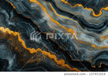 Exquisite close up view showcasing the intricate patterns of black and gold marble textures in natural light. 137451818
