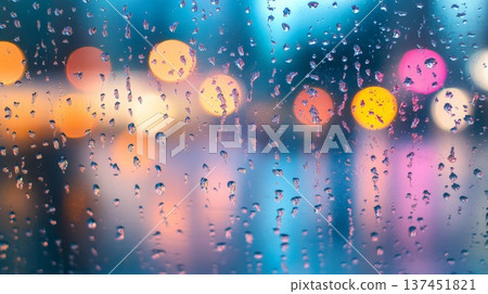 Raindrops on a Windowpane with a Blurry City Street Scene in the Background at Dusk 137451821