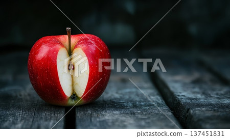 A Bright Red Apple with a Bite Taken Out, Showcasing Juicy Flesh and Glistening Skin 137451831