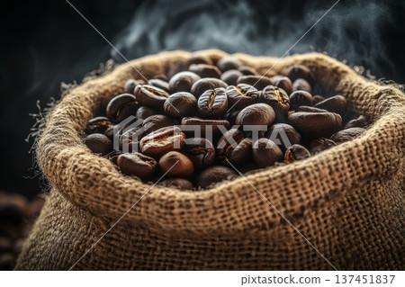 Warm Aroma of Freshly Roasted Coffee Beans in a Rustic Sack with Steam Rising in Soft Morning Light Warm Aroma of Freshly Roasted Coffee Beans in a Rustic Sack with Steam Rising in Soft Morning Light 137451837