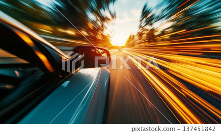 A sleek car speeding down a sunlit highway with a dynamic, blurred landscape unfolding behind it. A sleek car speeding down a sunlit highway with a dynamic, blurred landscape unfolding behind it. 137451842