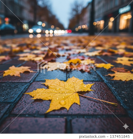 A tranquil urban landscape featuring a glistening wet sidewalk scattered with vibrant yellow leaves. A tranquil urban landscape featuring a glistening wet sidewalk scattered with vibrant yellow leaves. 137451845