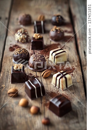 A Beautifully Arranged Table Featuring Assorted Chocolates and Nuts in Soft Ambient Lighting 137451851