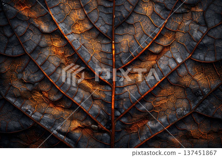 Close up of a vibrant green leaf illuminated by soft natural light against a dark background creating depth. 137451867