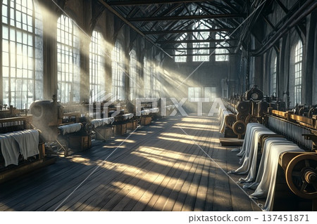 A bustling factory interior filled with various machines, worktables, and employees engaged in production activities. 137451871