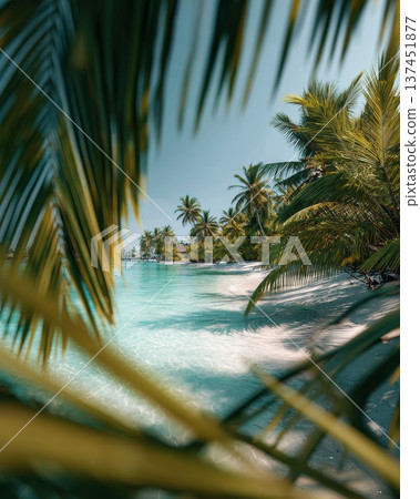Serene tropical beach scene featuring swaying palm trees and crystal clear turquoise waters under a brilliant blue sky. Serene tropical beach scene featuring swaying palm trees and crystal clear turquoise waters under a brilliant blue sky. 137451877