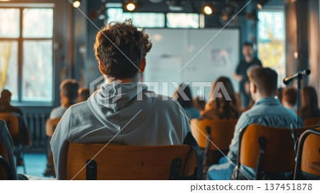 A thoughtful man engaged in discussion while seated in a chair before an attentive audience of diverse individuals. A thoughtful man engaged in discussion while seated in a chair before an attentive audience of diverse individuals. 137451878