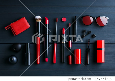 A Vibrant Collection of Makeup Products Displayed Elegantly on a Table with Various Colors and Textures A Vibrant Collection of Makeup Products Displayed Elegantly on a Table with Various Colors and Textures 137451880