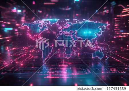 Vibrant Digital World Map with Glowing Lights Illustrating Global Connectivity and Technological Advancement Vibrant Digital World Map with Glowing Lights Illustrating Global Connectivity and Technological Advancement 137451889
