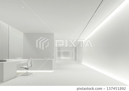 Bright and Minimalistic White Office with a Sleek Desk and Comfortable Chair for Productive Work Environment 137451892