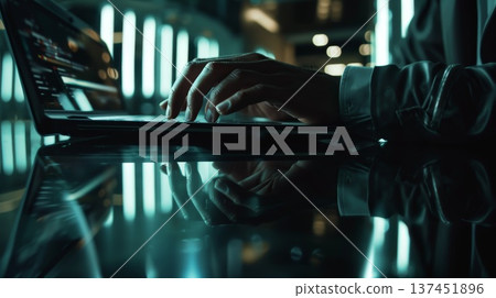 A focused individual immersed in work, typing vigorously on a laptop in a cozy, well lit cafe setting. A focused individual immersed in work, typing vigorously on a laptop in a cozy, well lit cafe setting. 137451896