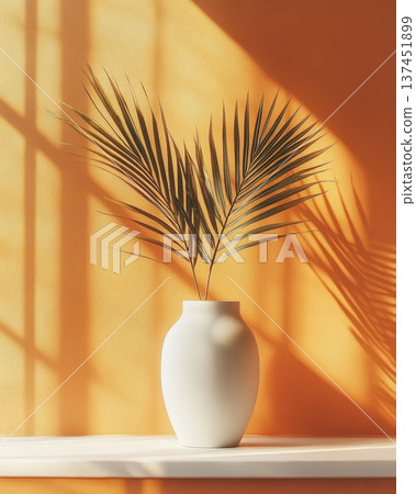 Elegant White Vase Displaying a Large Palm Leaf Against a Soft Neutral Background, Perfect for Modern Interiors 137451899