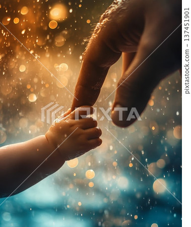 A tender moment captured in the rain as a person lovingly holds a baby s tiny hand. 137451901