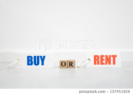 A BUY OR RENT decision-making image comparing buying and renting. 137451929