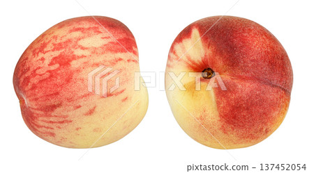 Two flat peaches isolated on white background, top view. File Contains Clipping Path. Two flat peaches isolated on white background, top view. File Contains Clipping Path. 137452054