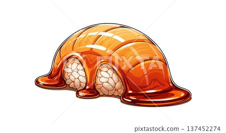 Candy-Coated Aesthetic of a piece of sushi enrobed in a perfect, glass-like caramel shell, with light catching the transparent coating, in a palette of translucent amber, warm honey, caramel brown 137452274