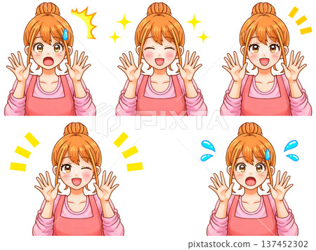 Set 3 of anime illustrations of housewives greeting with both hands raised 137452302