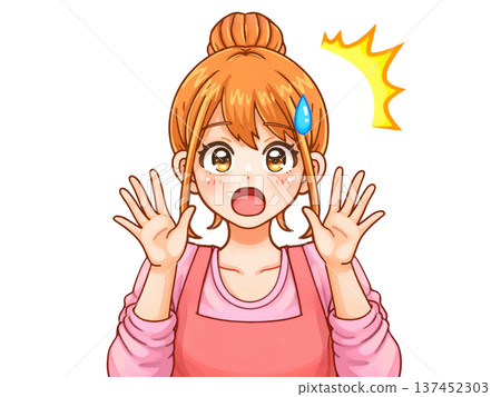 動漫插畫,描繪了一位家庭主婦驚訝震驚地舉起雙手的情景。 動漫插畫,描繪了一位家庭主婦驚訝震驚地舉起雙手的情景。 137452303