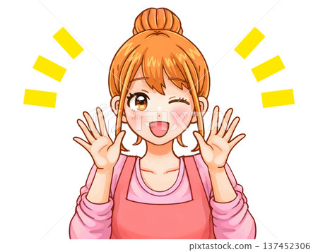 動漫插畫,描繪了一位家庭主婦雙手舉起打招呼的場景 2 動漫插畫,描繪了一位家庭主婦雙手舉起打招呼的場景 2 137452306