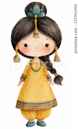Watercolor cute girl Indian baby has braided hair wearing a yellow traditional lace dress costume clip art illustration isolated on white background 137452400