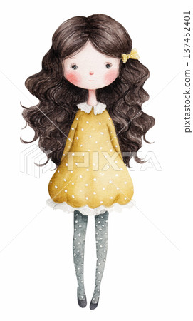 Watercolor cute doll girl wearing a yellow dress and bows costume clip art illustration isolated on white background 137452401