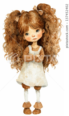 Watercolor cute doll girl wearing a yellow dress with white overalls dress and bows costume clip art illustration isolated on white background 137452402