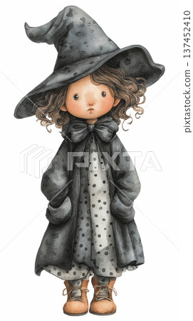 Watercolor cute doll girl wearing black winter knitted dress and witch hat costume holding broom on Halloween clip art illustration isolated on white background 137452410
