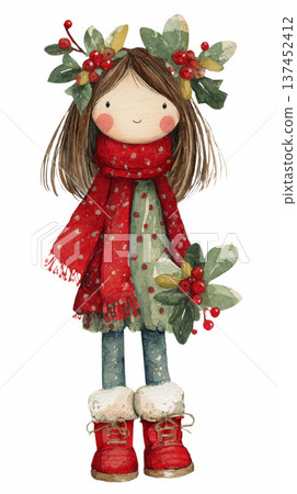 Watercolor cute girl wearing green dress with red scarf for Christmas decoration holly and red berries clip art illustration isolated on white background 137452412