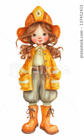 Watercolor cute doll girl Firefighter with helmet costume clip art illustration isolated on white background 137452415