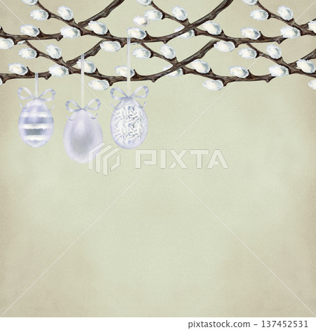 Easter border with willow branches, decorated eggs. Botanical watercolor clipart of spring renewal and Easter celebration isolated on white background for invitations, cards and seasonal design 137452531