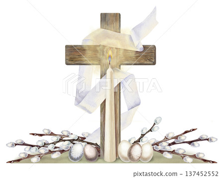 Watercolor illustration of a wooden Christian cross with white ribbon cloth, Easter eggs, willow branches. Religious Easter clipart with candle light, soft golden glow on pastel background. Watercolor illustration of a wooden Christian cross with white ribbon cloth, Easter eggs, willow branches. Religious Easter clipart with candle light, soft golden glow on pastel background. 137452552