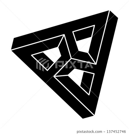 Optical illusion triangle. Impossible shapes. Abstract eternal geometric object. Impossible geometry symbol on a yellow background. Optical art.  137452746