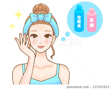 插圖素材3：一位成年女性正在塗抹潤膚露和乳液進行護膚 137452913